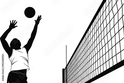 Silhouette of volleyball player serving ball over net black white