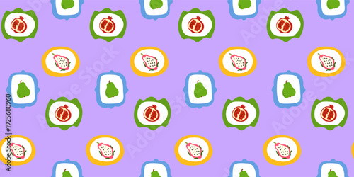 Cartoon Fruit Seamless Pattern Background. Vibrant Retro Wrapping Paper Print. Colorful Party Wallpaper Design. Fashionable Bold Textile Print. Funny Positive Festive Fabric. Happy Holiday Art	