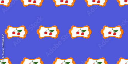 Cartoon Cherry Fruit Seamless Pattern Background. Vibrant Retro Wrapping Paper Print. Colorful Party Wallpaper Design. Fashionable Bold Textile Print. Funny Positive Festive Fabric. Happy Holiday Art	