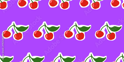 Cartoon Cherry Fruit Seamless Pattern Background. Vibrant Retro Wrapping Paper Print. Colorful Party Wallpaper Design. Fashionable Bold Textile Print. Funny Positive Festive Fabric. Happy Holiday Art	
