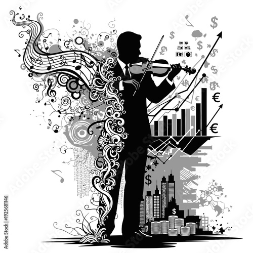 Violinist Playing in City Finance Scene.