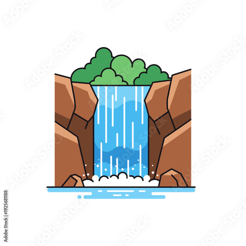 Waterfall Landscape with Rocks and Trees.