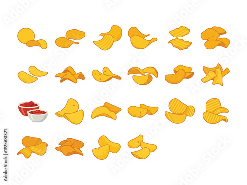 Colorful assortment of various shaped potato chips with dipping sauce illustration
