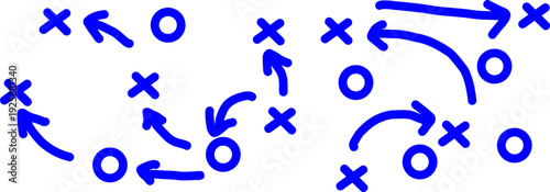 Blue hand drawn soccer tactic diagram with arrows, crosses and csoccer tactic, football strategy, coaching board, game plan, sport dircles. Football strategy play concept isolated on white background.