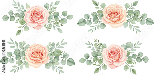 Delicate Watercolor Rose Flower Arrangement with Greenery Botanical Illustration