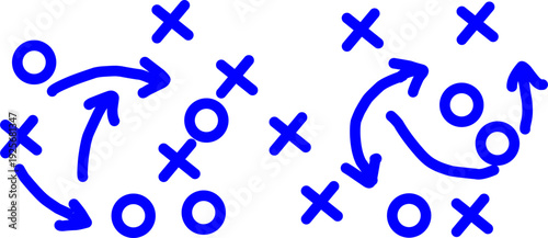 Blue hand drawn soccer tactic diagram with arrows, crosses and csoccer tactic, football strategy, coaching board, game plan, sport dircles. Football strategy play concept isolated on white background.