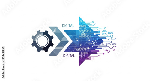 Digital transformation process with gear and circuit board arrow.