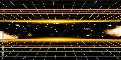 Retro cyberpunk style 80s game scene pixel art 8-bit sci-fi background. glowing neon grid and stars from vintage arcade computer games.