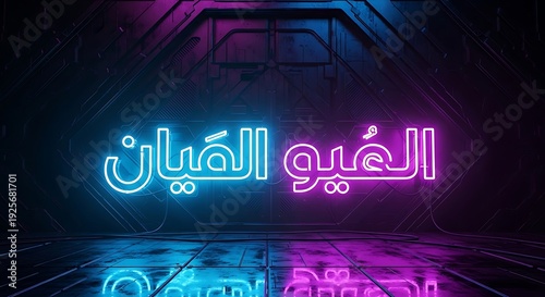 Arabic neon glowing sign in futuristic dark environment