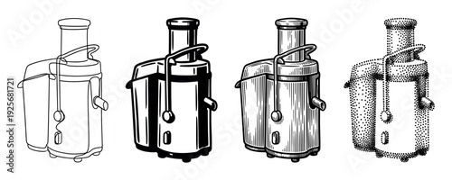 Collection of four juicer machine illustrations presented in various monochrome graphic styles like outline, solid black, vintage engraving with hatching, and stippling dotwork