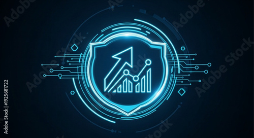 Digital security shield with growing financial chart and upward arrow.