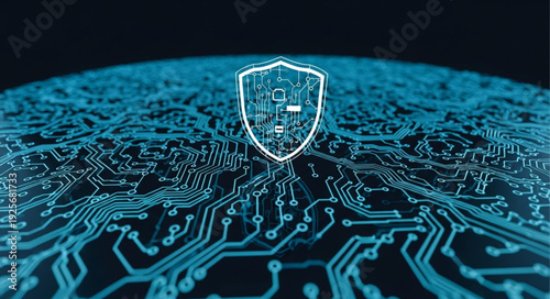 Digital Security Shield on Futuristic Circuit Board.