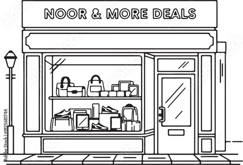 Vector illustration of a shop window facade with a door and window in a city street storefront design