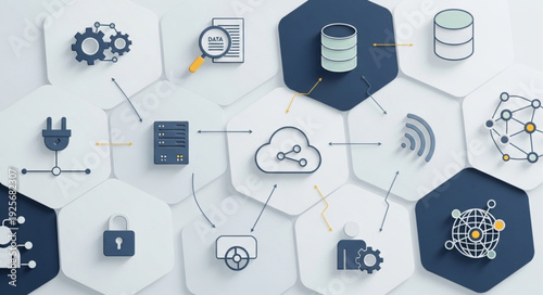 Digital Network Technology and Cloud Computing Icons.