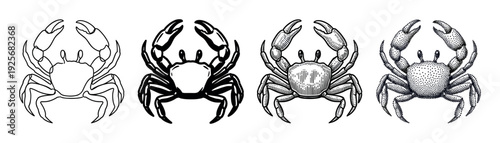 Set of four black crab illustrations showing different artistic styles including simple line art, a solid silhouette, detailed engraving, and classic stippling dotwork