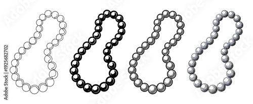 Set of four pearl necklaces illustrated in different graphic styles including outline, silhouette, engraving, and stippling, showing a collection of jewelry design variations