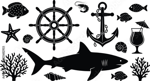Nautical marine life silhouette collection with shark anchor steering wheel coral starfish and tropical cocktail icons for ocean theme summer vacation design