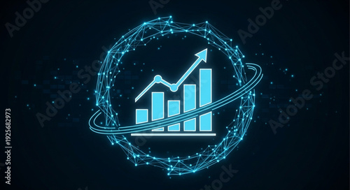 Digital financial growth chart with upward arrow and data network.