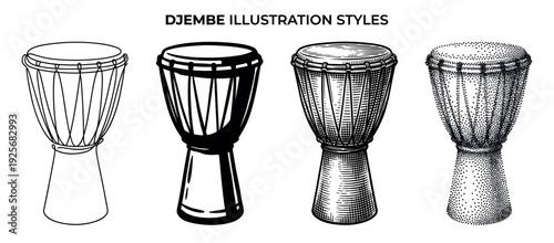 Set of four African djembe drums illustrated in various graphic techniques including continuous line, bold silhouette, detailed hatching, and classic stippling art