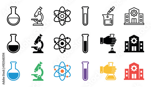 Set of science and laboratory icons including a flask, microscope, atom, and test tube, presented in three distinct styles: line art, solid glyph, and colorful flat design