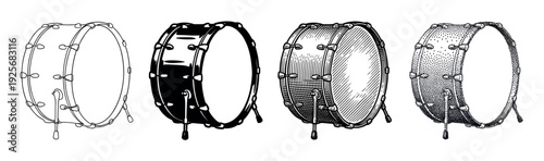 Four bass drum musical instrument illustrations in a collection of graphic styles including line art, silhouette, vintage engraving, and modern stippling dotwork art