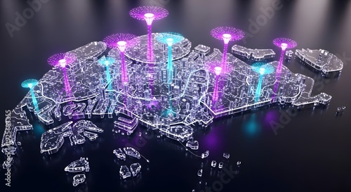 Futuristic Holographic Map of Singapore City with Glowing Supertrees and Digital Urban Design