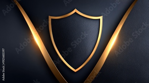 Gold shield emblem on dark leather texture security background