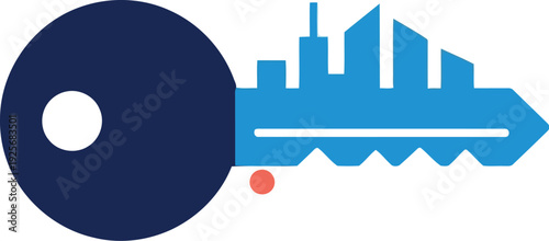 Urban Real Estate Key Icon – Modern Blue City Skyline Symbol for Property and Security Concepts