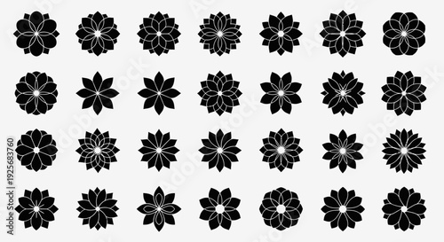 Set of minimalist flower icons in solid black silhouette style.
