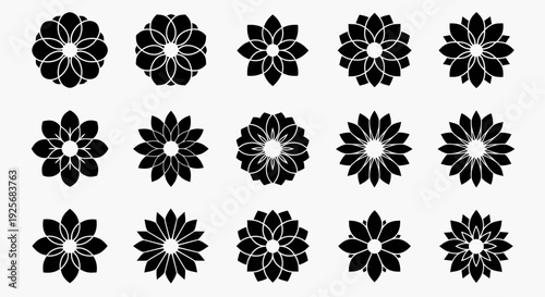 Set of minimalist flower icons in solid black silhouette style.