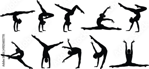 Black gymnast silhouette set with female athletes performing handstands splits and acrobatic poses isolated on white background for sports design