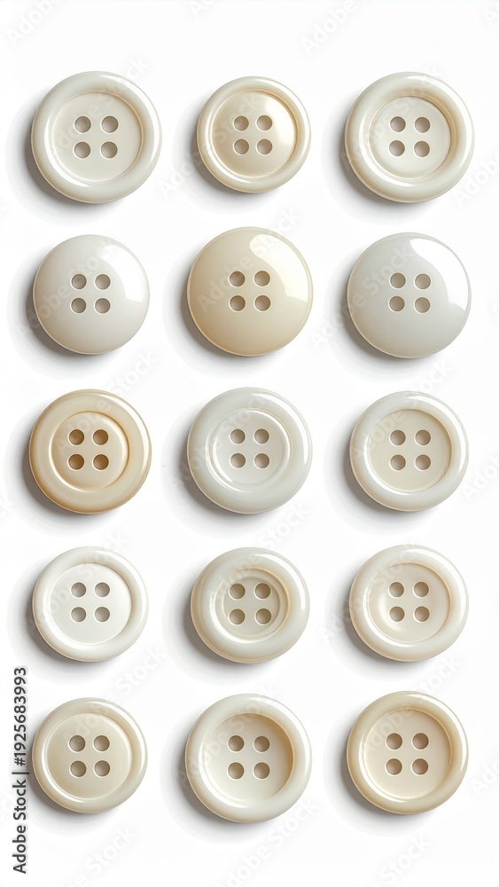 Fototapeta premium Array of Round White Buttons with Four Holes on White Surface