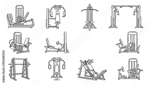 Collection of gym equipment illustrations for strength training and bodybuilding, featuring various machines like leg press and chest press in a clean black line art icon style