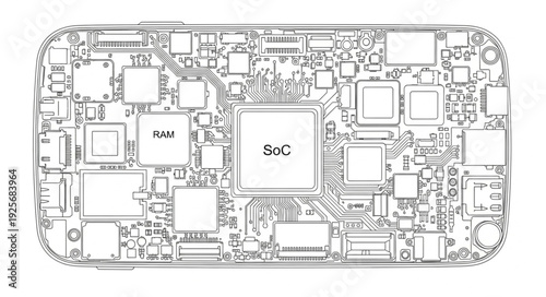 Detailed illustration of a complex electronic circuit board with SoC.