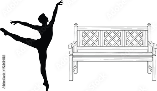 Male ballet dancer silhouette performing graceful jump next to a technical line art sketch of a wooden garden park bench.