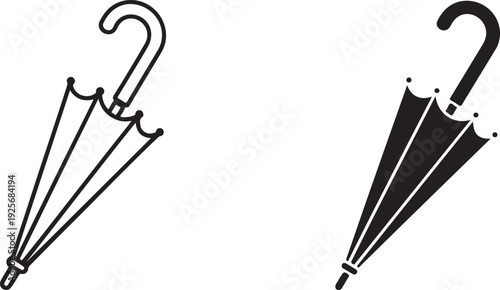 Black and white of two closed umbrellas line simple white background two umbrellas
