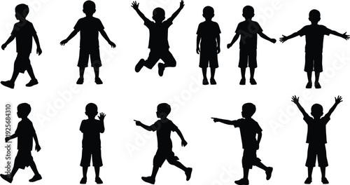 Little boy silhouette set with child silhouettes in walking and jumping and standing and pointing poses wearing t-shirt and shorts