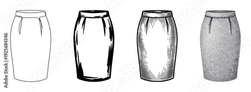 Four black and white pencil skirt illustrations showcasing different artistic rendering techniques from simple line art and bold ink to classic cross-hatching and stippling