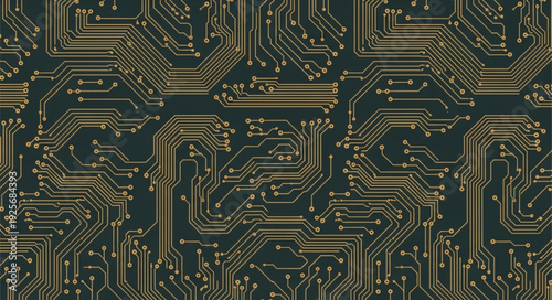 Detailed electronic circuit board pattern with many connections.