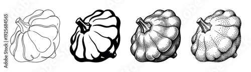 Four black and white pumpkin illustrations in a row showing different artistic styles including simple line art, solid silhouette, detailed engraving, and stippling dotwork