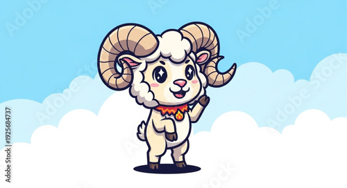 Cute cartoon ram with large curled horns waving hello.