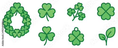 Various green clover and shamrock illustrations are presented as a collection, featuring a large wreath, individual three-leaf clovers, and a lucky four-leaf clover, all in a cheerful, outlined style