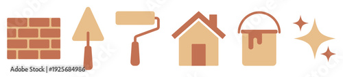 Set of flat construction icons showing brickwork, a trowel, paint roller, house, and paint can in a minimalist style with an earthy color palette for renovation concepts