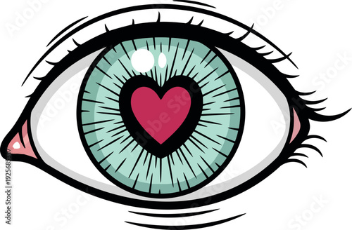 Vector illustration of blue eye with heart-shaped pupil symbolizing love and emotion
