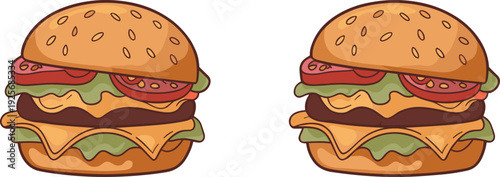 Cartoon hamburger illustration icons with lettuce, tomato, cheese, beef patty and puzzle spot-the-difference theme - colored vector illustration set