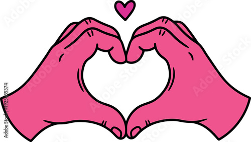 Pink hands forming heart shape gesture with small heart symbol, romantic love illustration vector
