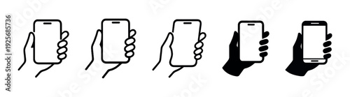 Hand holding smartphone icon set, minimal outline and solid black vector collection on transparent background