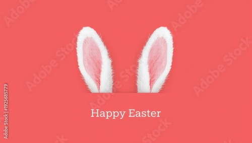 Pink background with white and pink bunny ears and Happy Easter text white fur