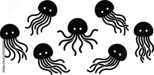 Ocean life and marine animal silhouette collection with sharks whales octopuses jellyfish crabs and fish icons for underwater nature and aquatic design graphics