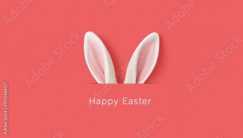 Pink background with white rabbit ears and Happy Easter text bunny